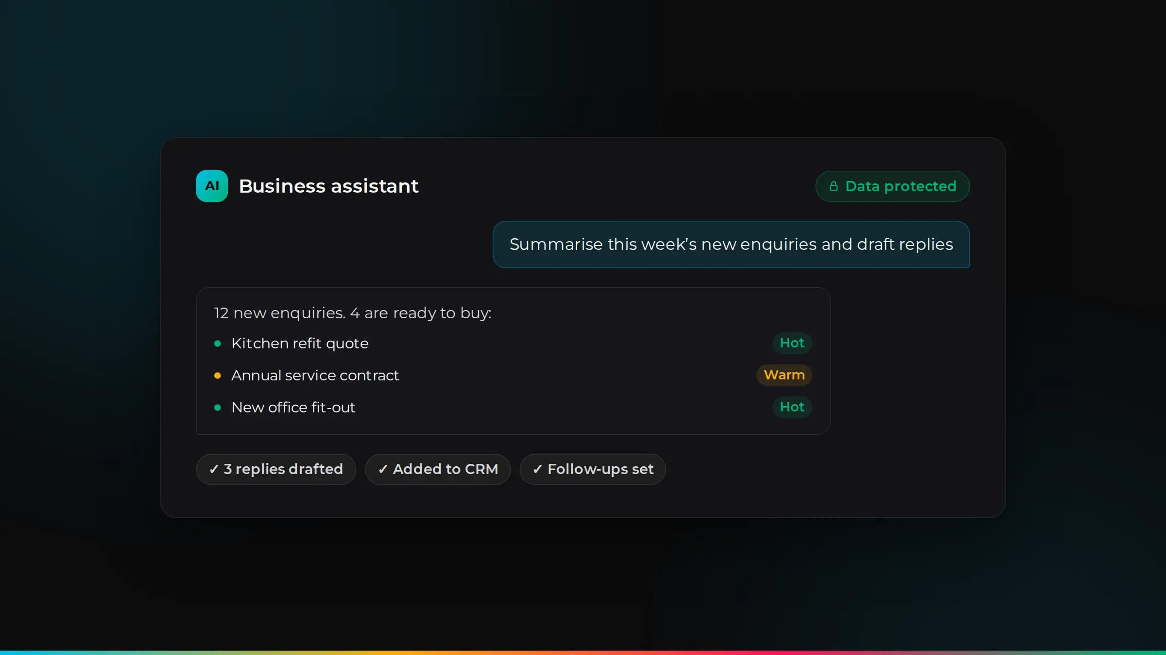 An AI business assistant summarising new enquiries and drafting replies