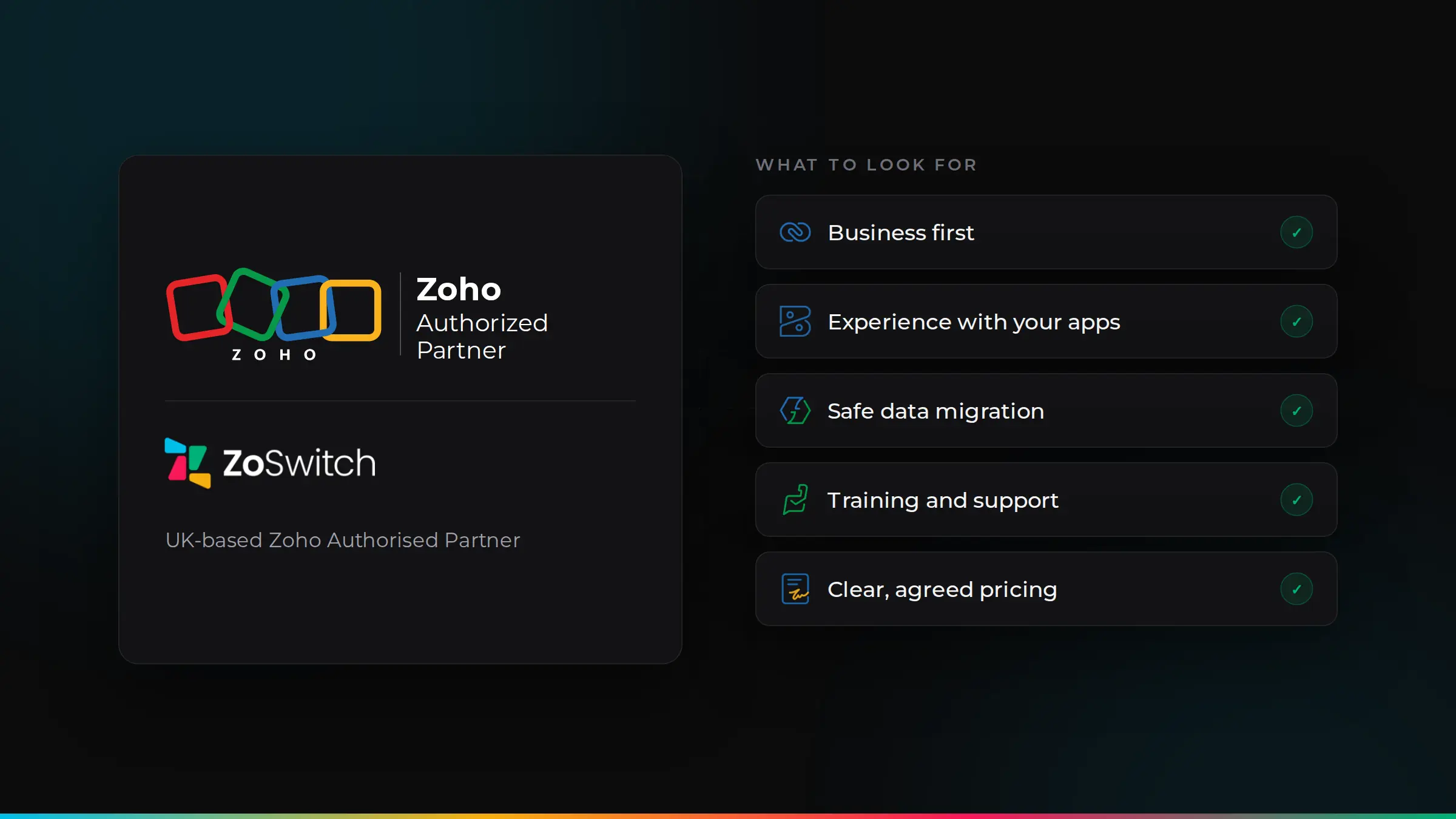 The Zoho Authorised Partner badge and ZoSwitch logo with a checklist for choosing a partner