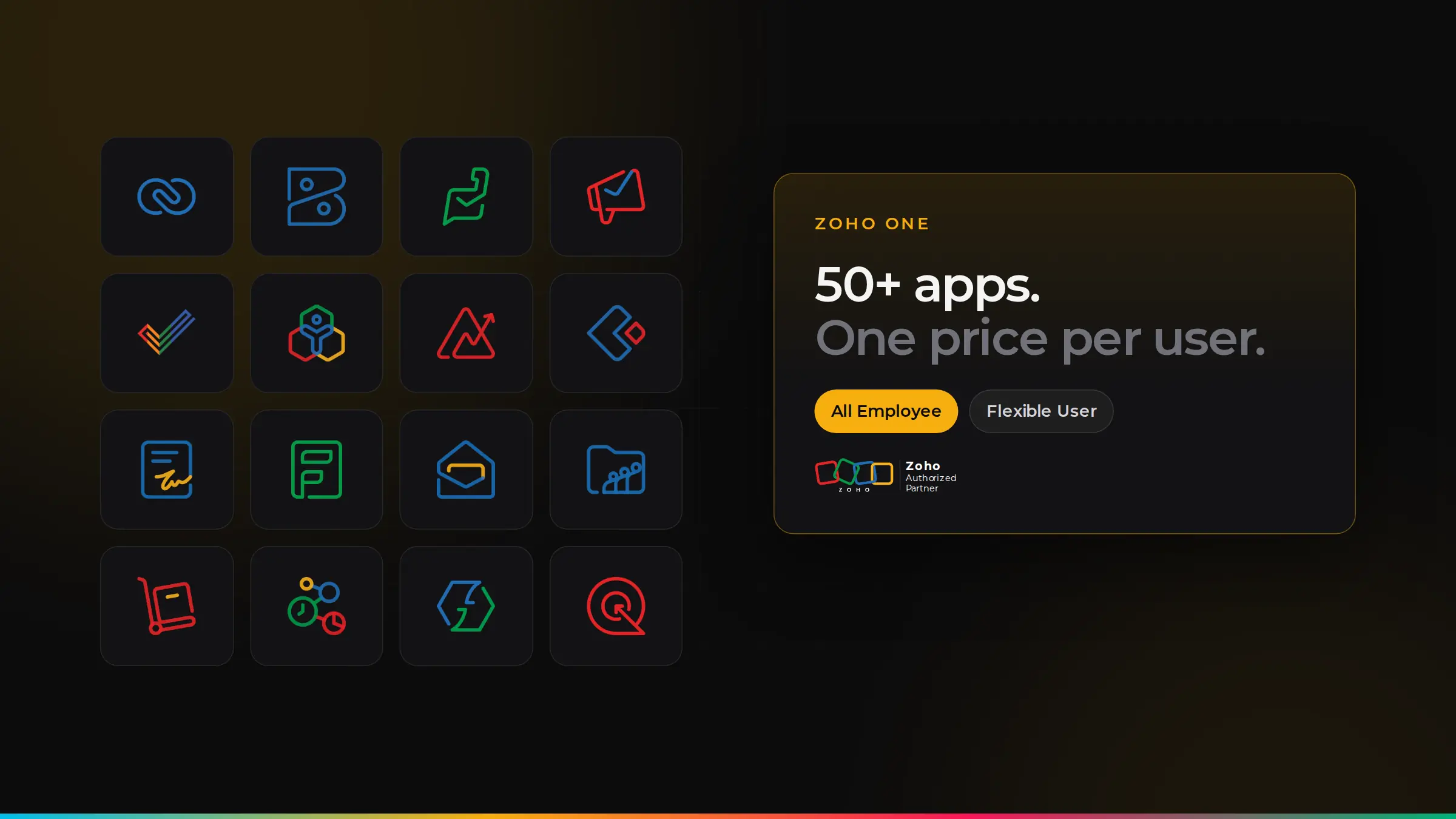 Zoho app logos next to a Zoho One pricing card